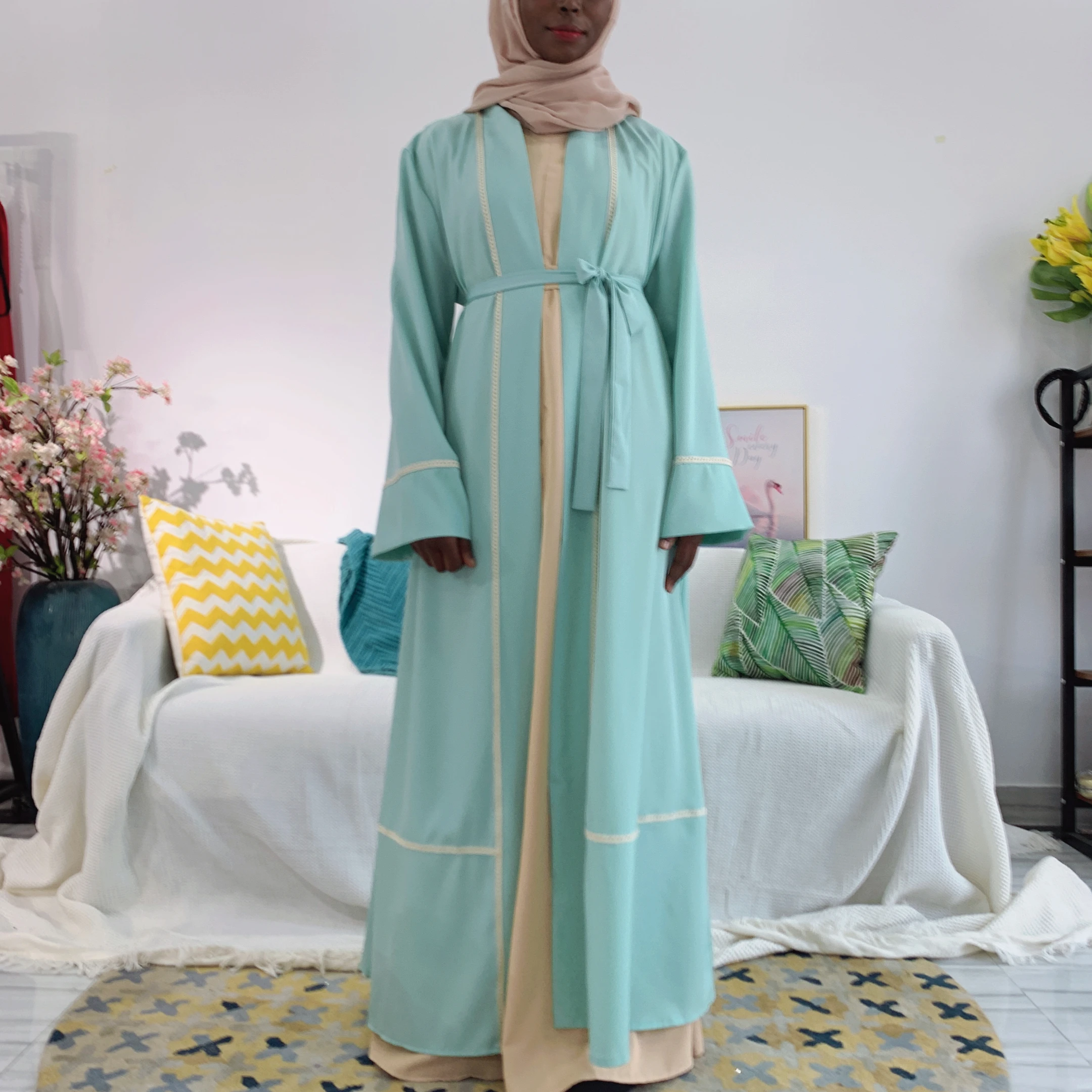 

Islamic clothing 2021 Women Full Sleeve Burqa Dubai Muslim Full Sleeve Cardigan Modern Front Open Muslim abaya, White , green