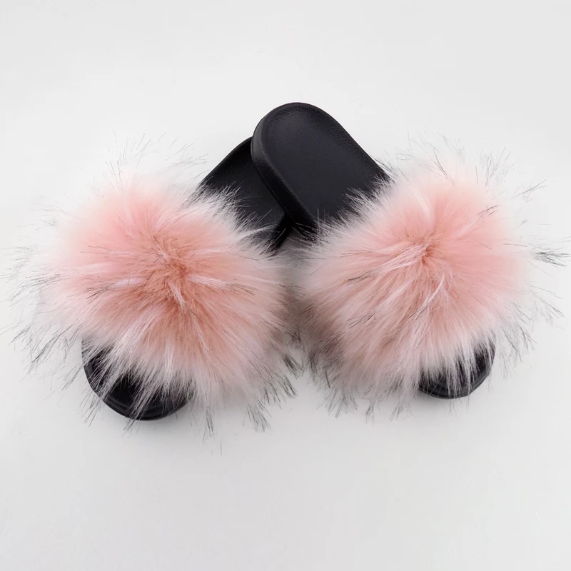 

Popular super custom slides slippers with raccoon fur pompon