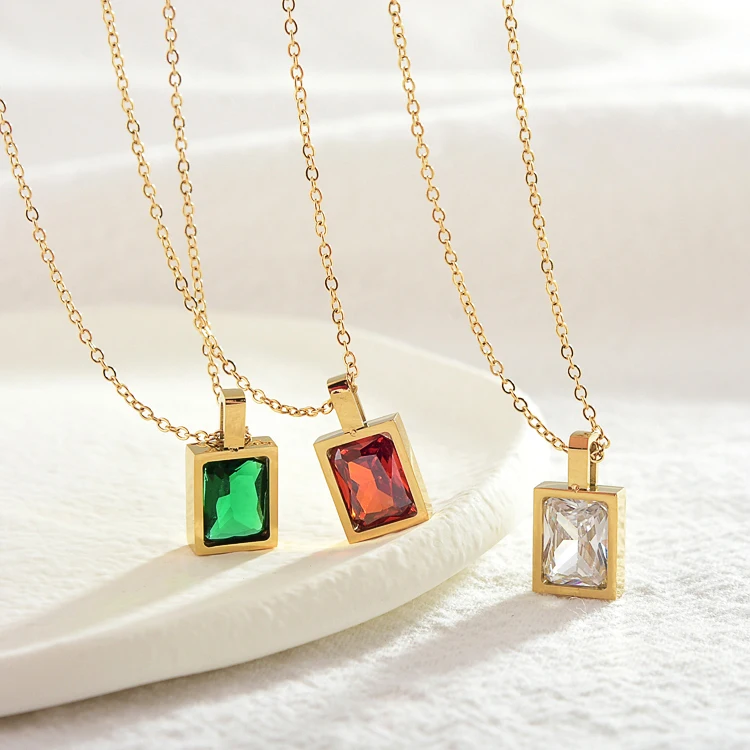 

Stainless Square Necklaces for Women Fantasy Waterproof European Style 18k Gold Plated Zircon Pendant Choker Crystal Necklace