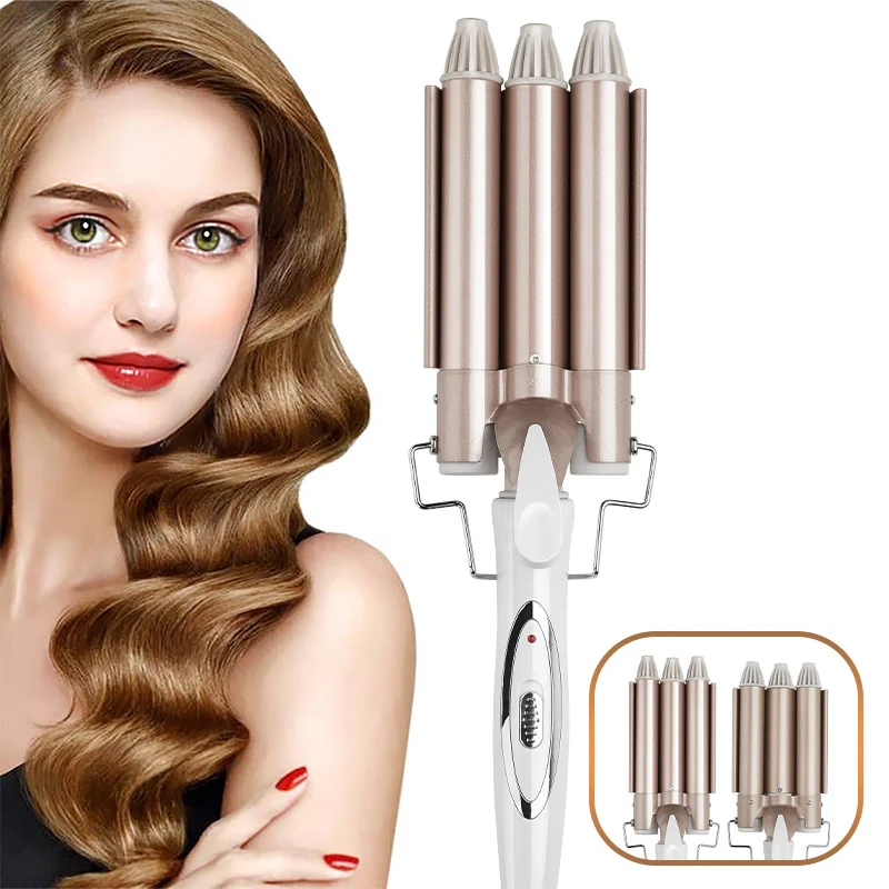 

Portable 3 in 1 Iron Waver Spiral Rotating Electric 3 Barrel Hair Waver Magic Automatic Hair Curler, Gold