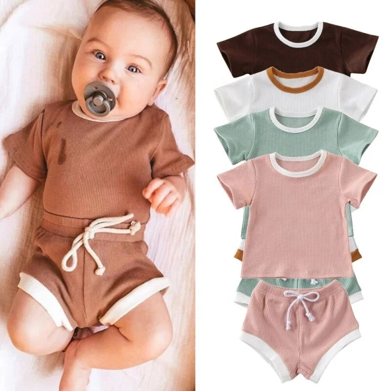 

1249 Baby Boy Summer Clothing Infant Baby Girl Clothes Solid Ribbed Short Sleeve Tops T-shirt+Shorts Pants Tracksuit Outfits Set, As picture