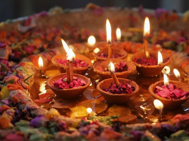 Eco-friendly diyas with flower petals in water