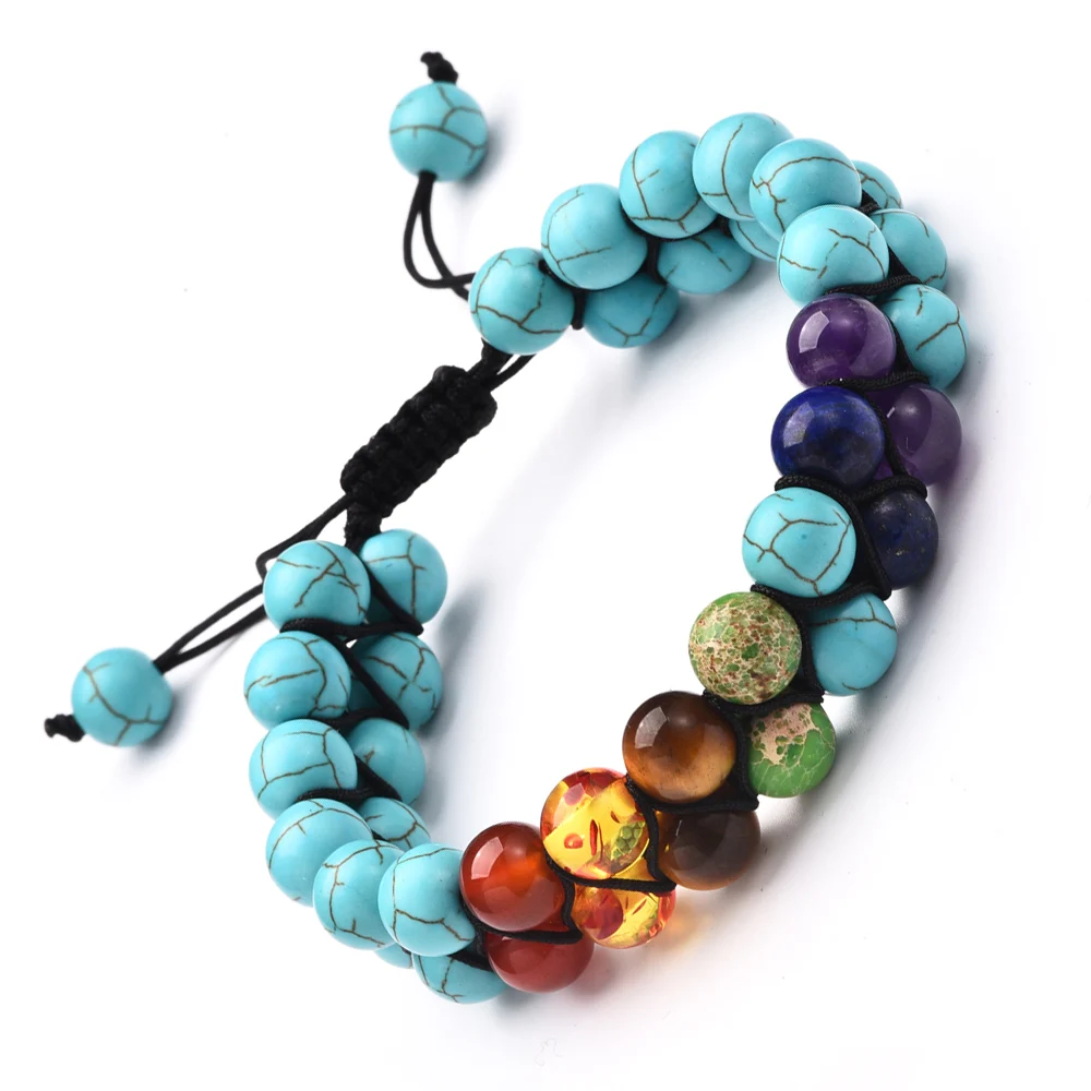 

7 Charkra Yoga Healing Reiki Energy Beads Lava Rock Rainbow Stone Double Weave Bracelets