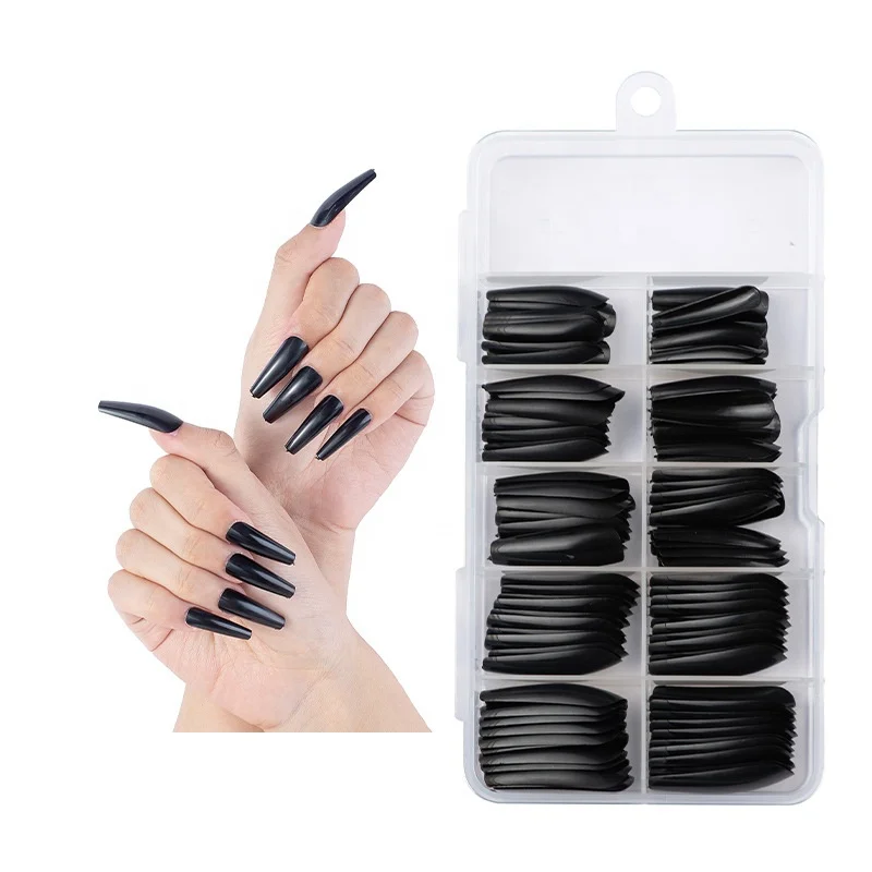 

100pcs/box Long ABS Ballerina Fake Nails Tips PP boxes Natural Coffin Press On Nails Pure Colors Full Cover Nail Art DIY, Multi color
