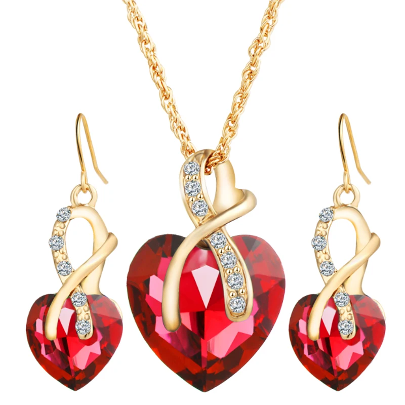 

Wedding dinner women fashion heart-shaped artificial crystal zircon crystal jewelry necklace earrings set, Multi-color optional