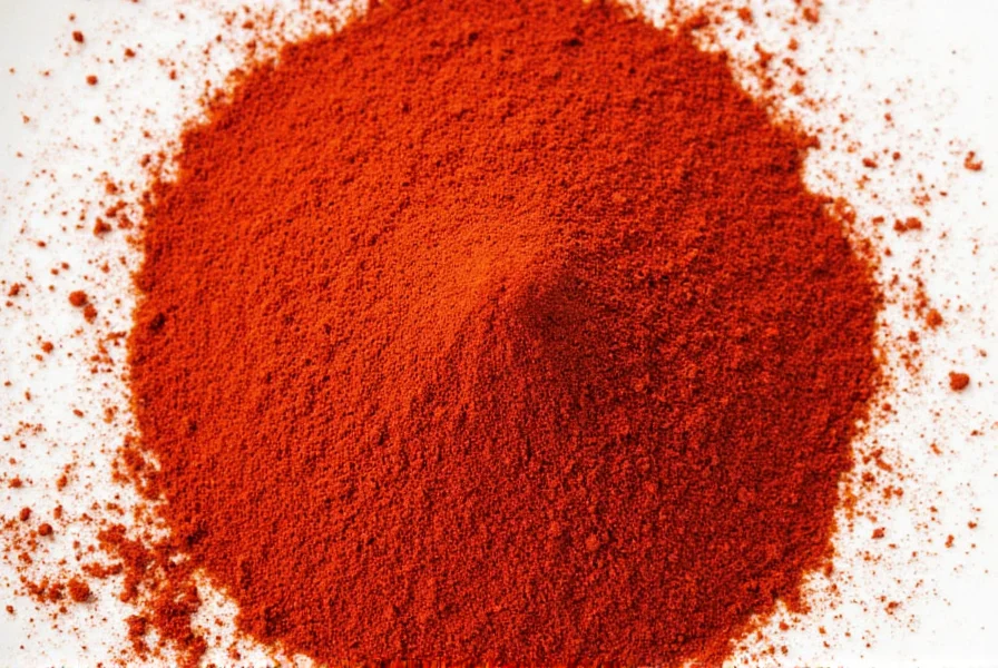 Close-up of vibrant red paprika powder being sprinkled over traditional Hungarian goulash in a white ceramic bowl