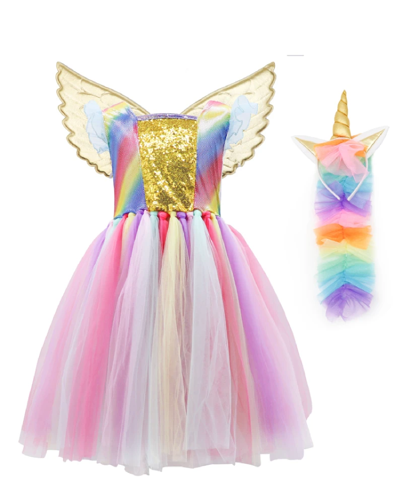 

Toddler Unicorn Cosplay Costume Kids Rainbow Unicorn Dress Infant Children Princess Dress Hair Hoop Wing Set Halloween Frocks, 4 colors