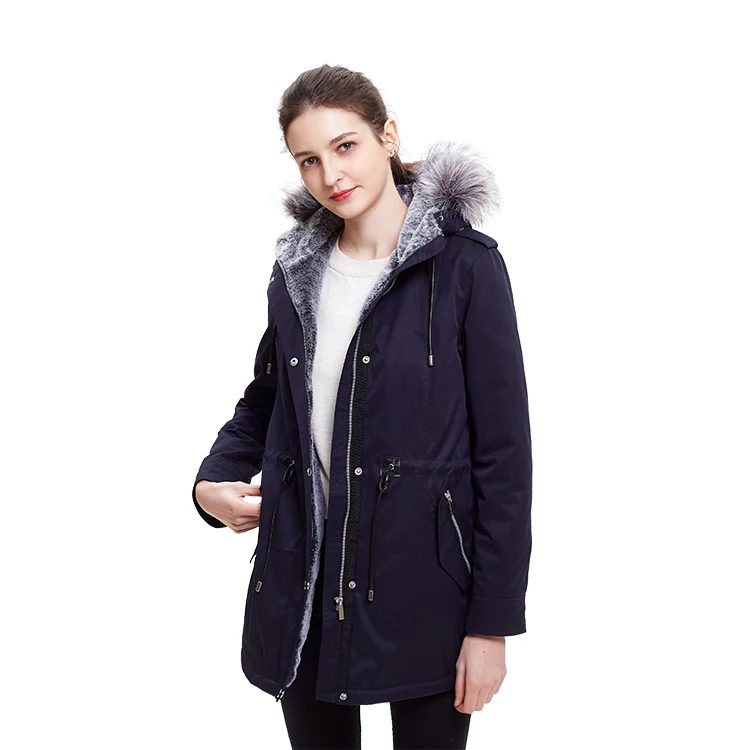 

Women fashion long clothing 100 polyester jacket with real fur hood, Customized color