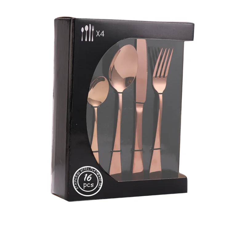 

New Design Low MOQ 16Pieces Stainless Steel 18/0 Restaurant Rose Gold Tableware Cutlery Flatware Box Gift Set