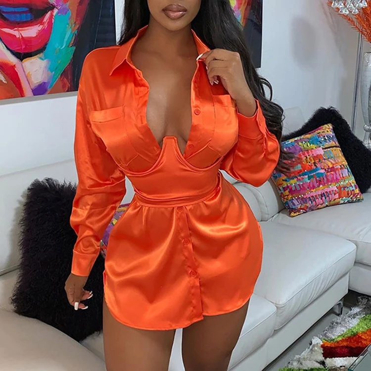 Slim Waist Belt Girdle Bandage Botton Up Shirt Dress Set For Women