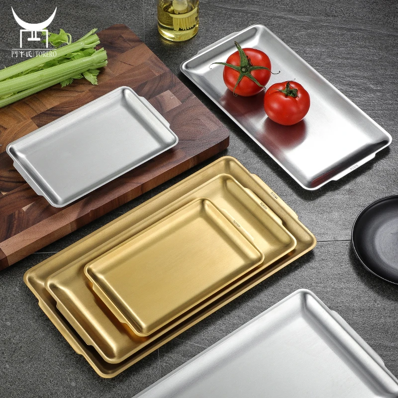 

Korean golden retro dessert buffet plat steak fruit dish flat shallow tray 304 stainless steel barbecue plate