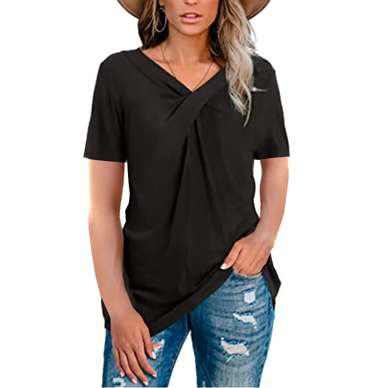 

Wholesale New Arrival Plus Size Loose Solid Color T-shirt Kink Design V-Neck casual Short Sleeve T-shirt top women, Black/gray/khaki/rose red/dark blue/apricot