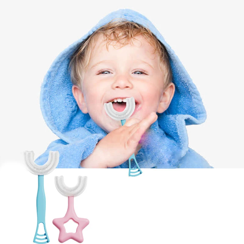 

Wholesalers 360 degree clean food grade silicone U shape manual children baby kids toothbrush, Pink,blue