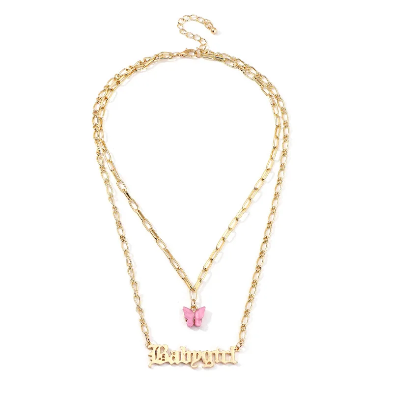 

2020 New Arrival Hotsale 18K Gold Plating Double Layer Butterfly Initial Letter Charm Necklace Pink Acrylic Butterfly Necklace