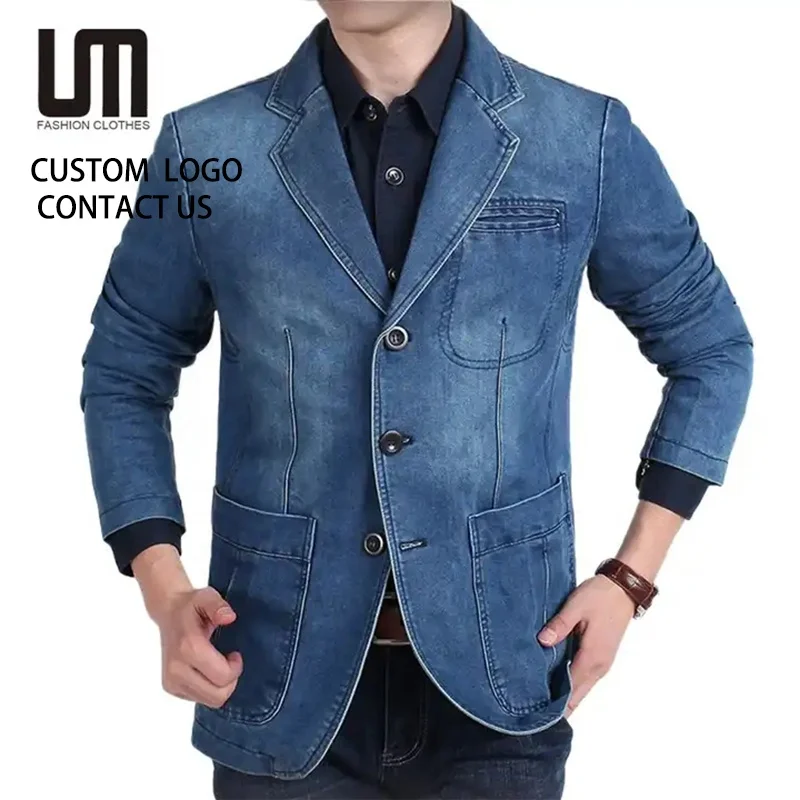 Liu Ming Hot Products Fashion Men Clothes Casual Slim Long Sleeve Single Breasted Turn Down Collar Denim Jacket Blazers