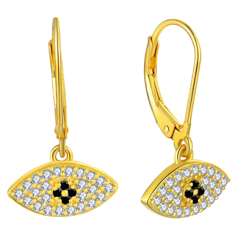 

OEM Trendy Popular White Black CZ Diamond Yellow Gold Plated Charm Earrings 925 Sterling Silver 18K Real Gold Evil Eyes Earrings