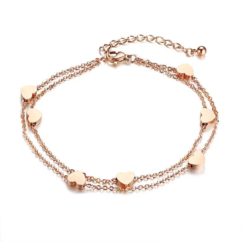 

High Quantity Korea Style Women Fashion Double Layers 316L Stainless Steel Heart Charm Bracelets, Rose gold