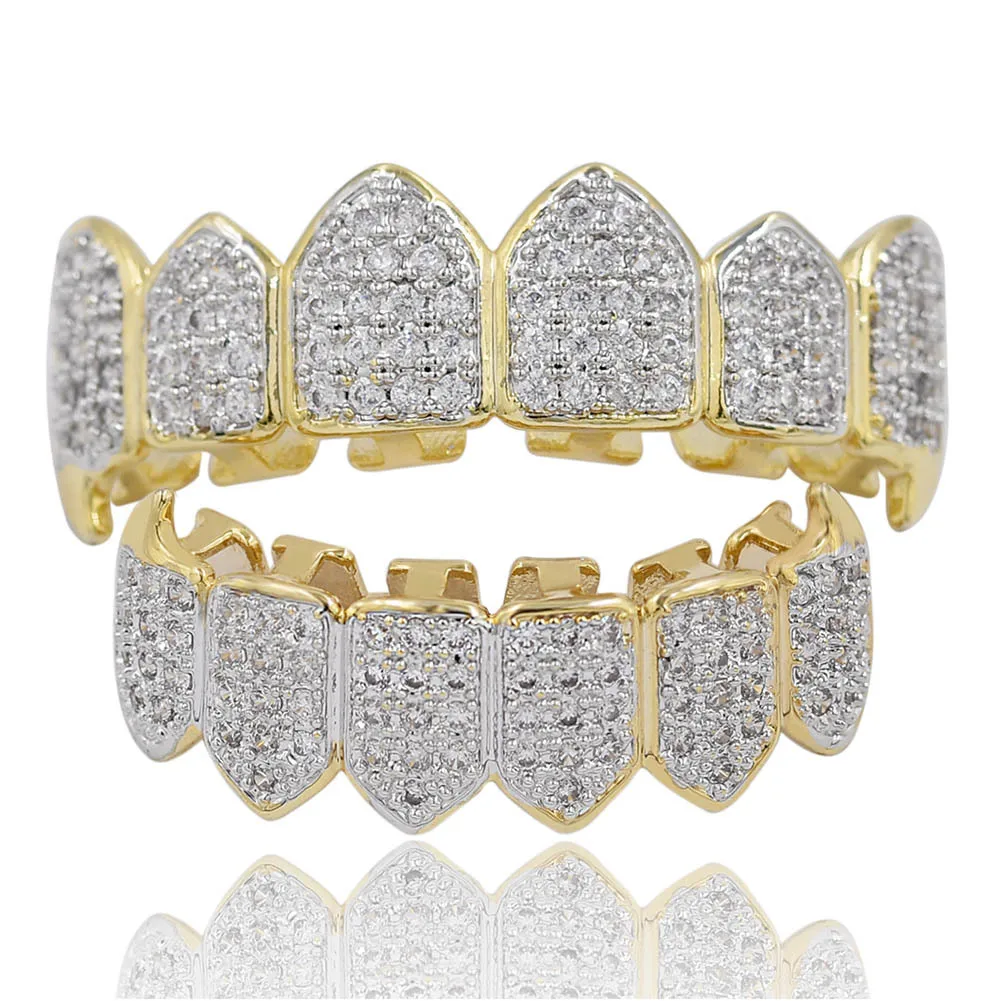 

Iced Out Micro Pave CZ Teeth Caps Grillz Top and Bottom Set 18k Gold Crystal Teeth Grills For Men Rapper Jewelry Wholesale, Picture