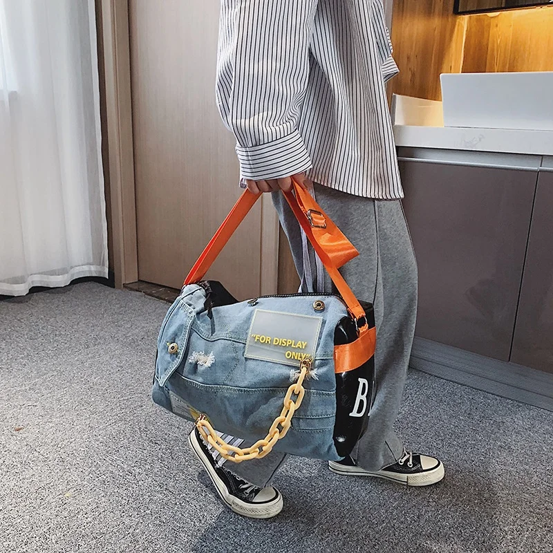 

Luxury Denim Jeans Leather Patchwork Colorful Ladies Overnight Sports Gym Duffel Travel Tote Bag with Colorful Nylon Sling Strap