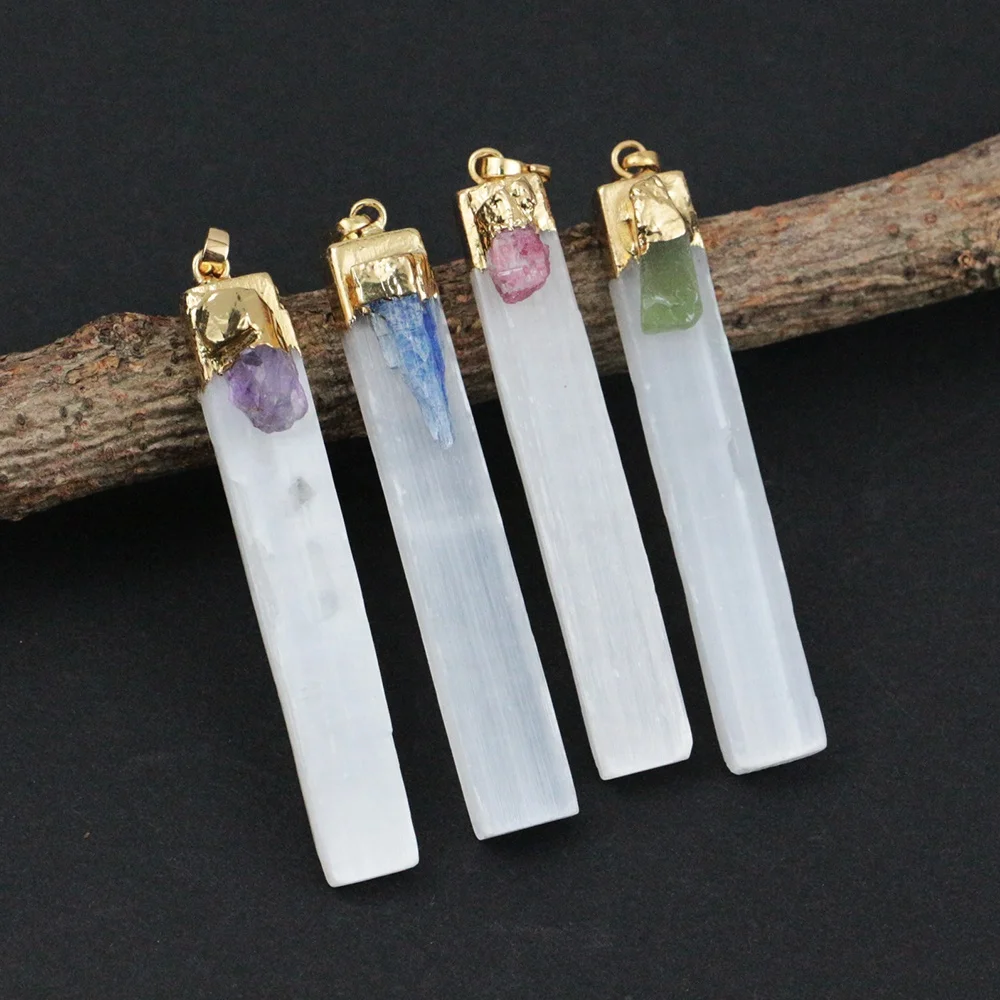 

LS-A594 promotional natural selenite stone pendant charms inlay gemstone pendant charms gold plating jewelry 2020, Multi
