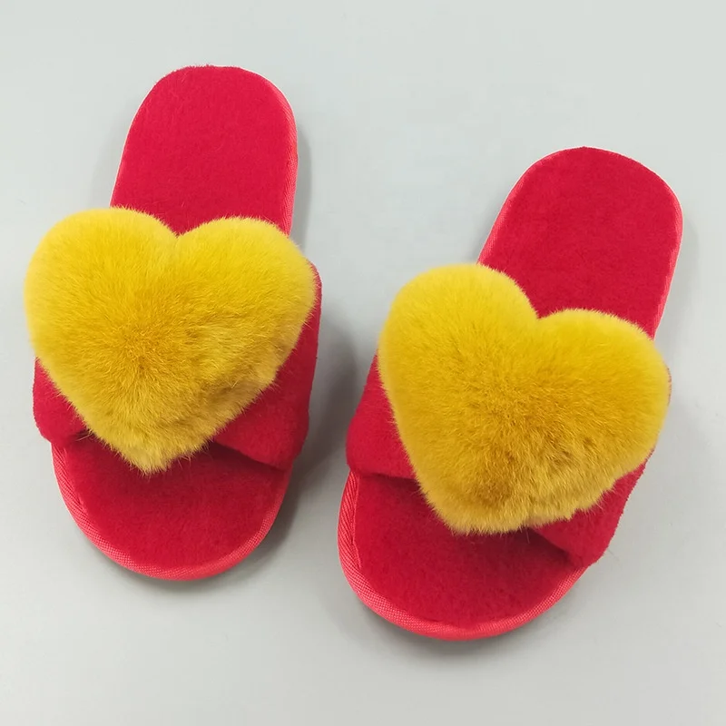 

New autumn and winter female sheepskin fur one home cotton-padded shoes rabbit hair heart soft bottom red slippers, Picture