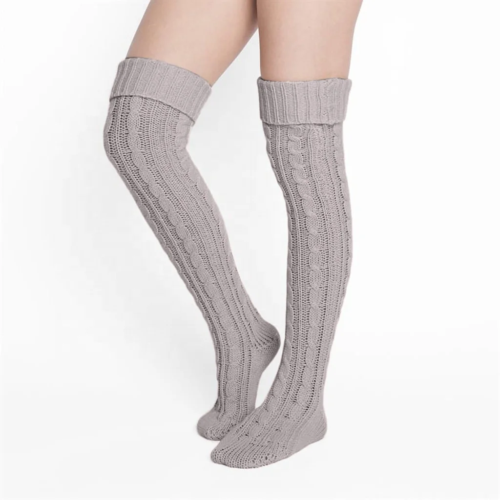 

Winter Warm Pink Gray Ribbed Crochet Over The Knee Thigh High Socks Women