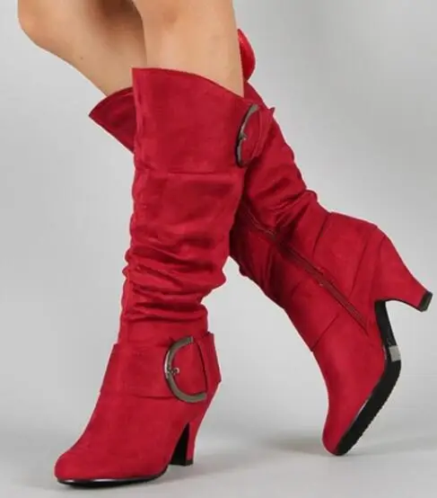 

Women's Suede Mid Knee High Kitten Heel Boots Fashion Dress Boots for Women Winter Boots Shoes, Red black purple grey