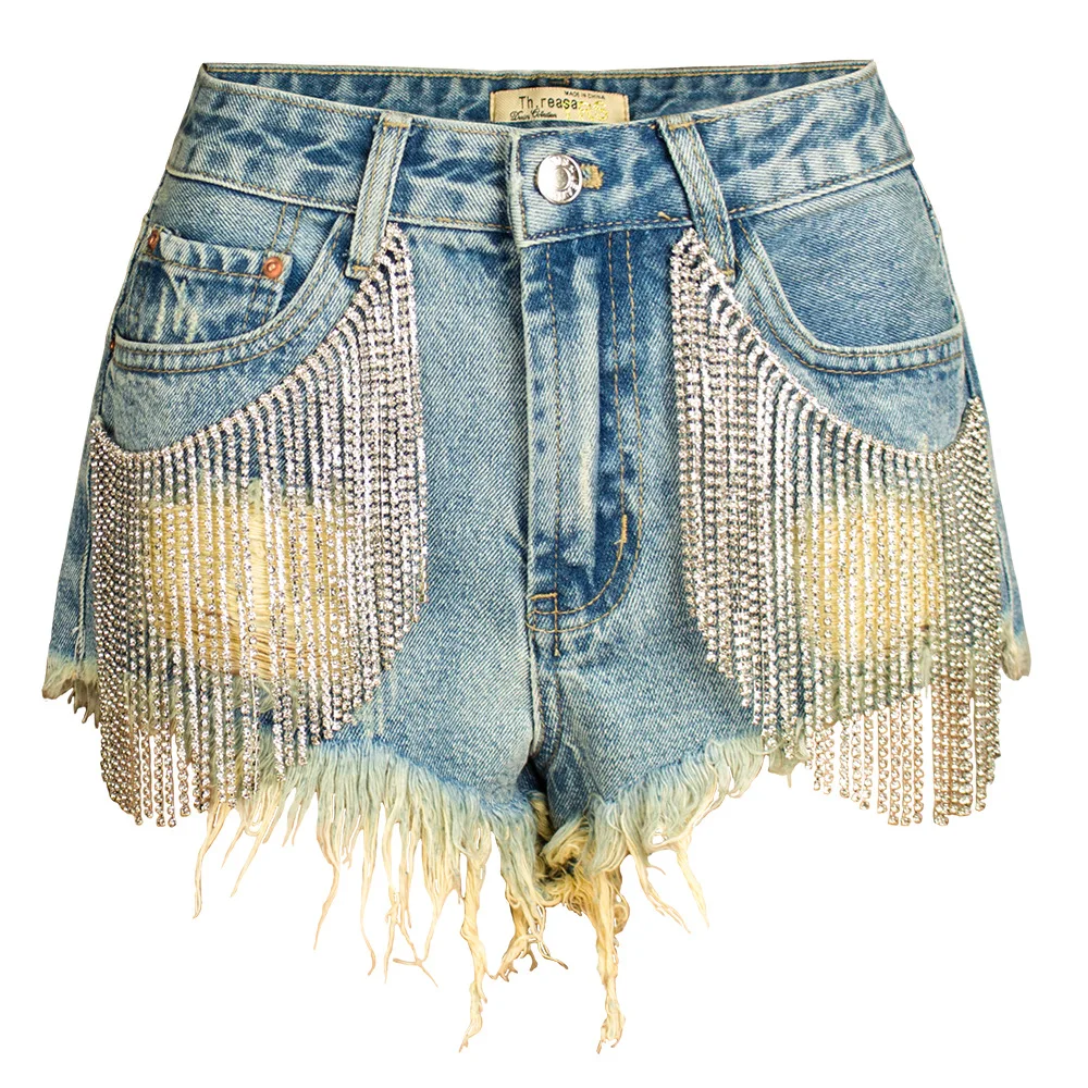 

Sexy Tassel Raised Hip Wide Leg A Diamond Chain Denim Shorts Women, Blue