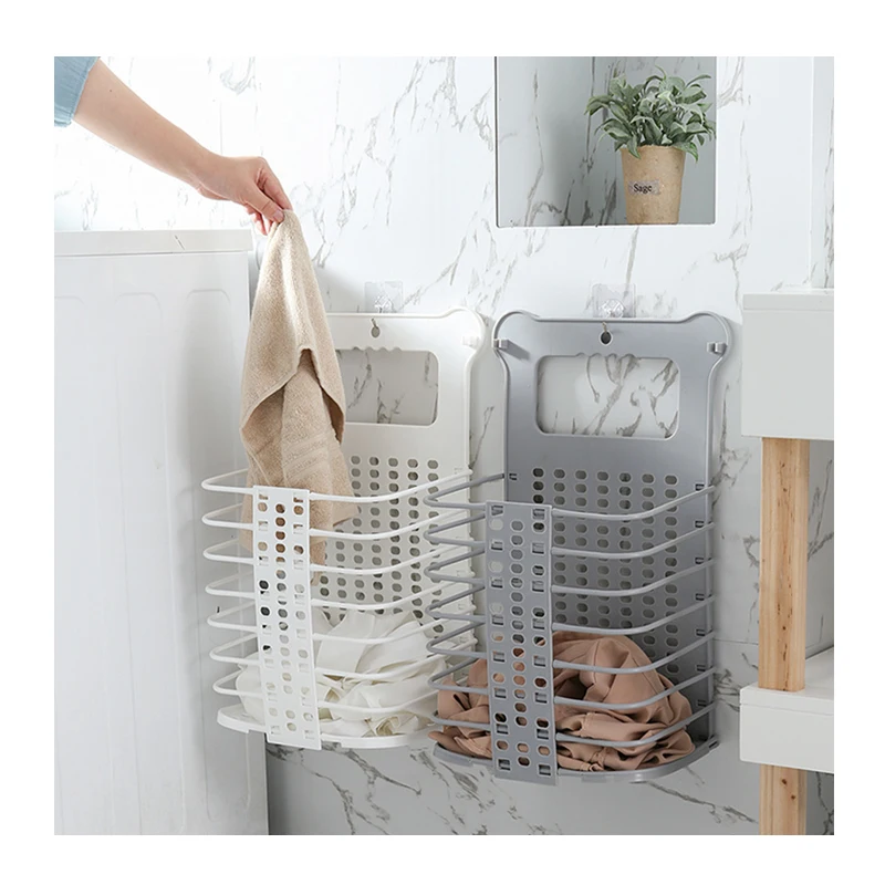 

Foldable Laundry Basket bathroom upgraded plastic dirty clothes storage basket with 2 no drilling hooks for bathroom bedroom, White,gray,blue