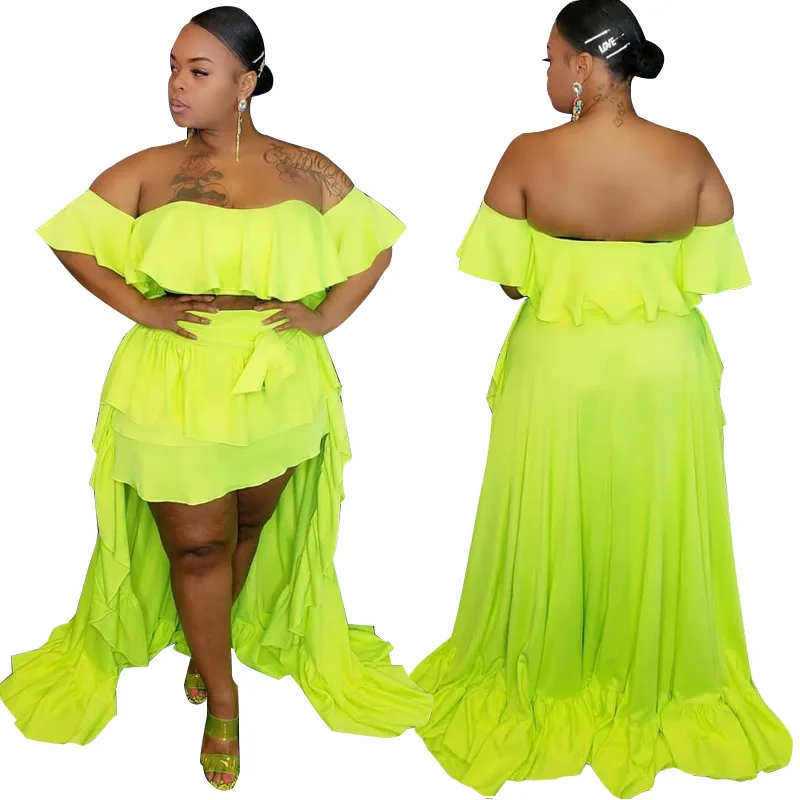 

2 Piece Set Short Front And Long Back Plus Size One Shoulder Women Sexy Green Ruffle Dresses