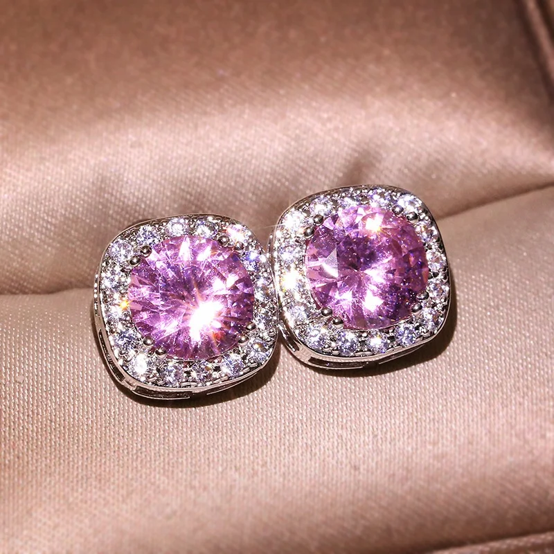 

100%925 Sterling Silver Luxury Female Round Crystal Zircon Stud Earrings Fashion Silver Color Wedding Earrings Jewelry