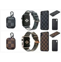 

3 in 1 Fashion Checked Phone Case Wrist band for i watch Pu Leather Air Pod Case Cover Kits