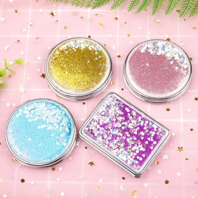 

Custom PU Leather Quicksand Makeup Mirror Heart Shape Double Side Folding Pocket Cosmetic Hand Mirror