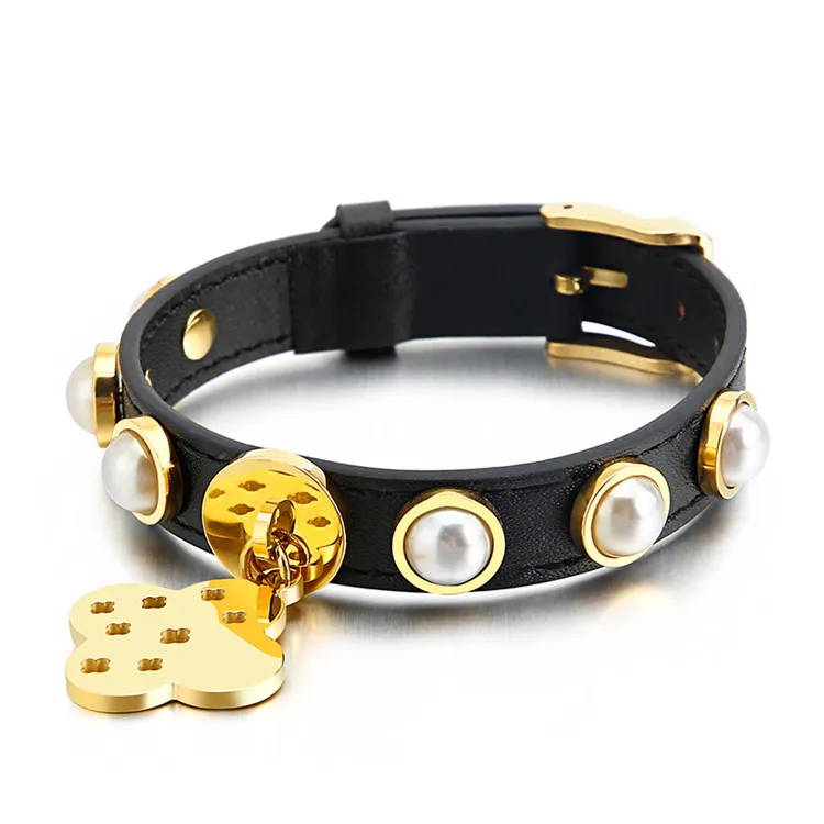 

Fashion Sweet Stainless Steel Black Leather Bracelet Flower Pendant Shell Bangle Bracelet
