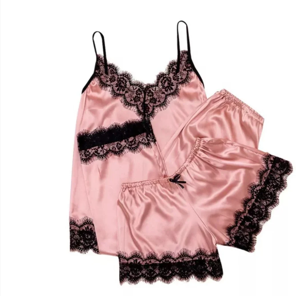 

YG 1093 3PCS Pajamas women sexy Lace Long Trousers Home Clothes set, 4 colors