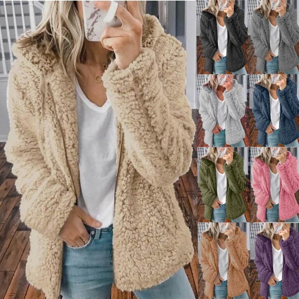 

New Trendy Zipper Solid Color Woolen Hooded Autumn Winter Coat 5Xl Plus Size For Jackets Women 2021Womens Coats Winter, As picture or customized make