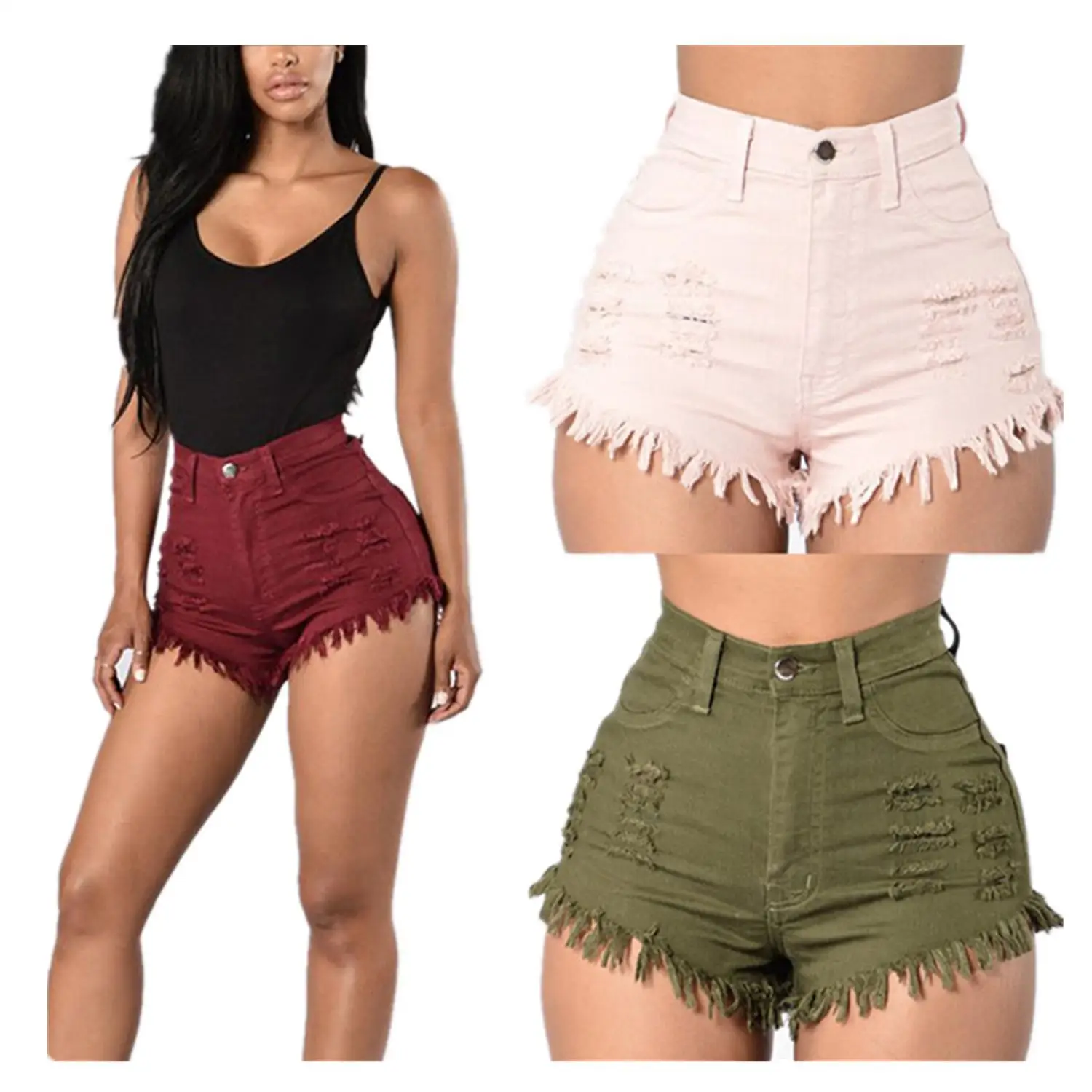 

Summer ripped demin women hot pants beach tassel sexy stretch solid color high waisted women's jeans shorts, Green, red, pink