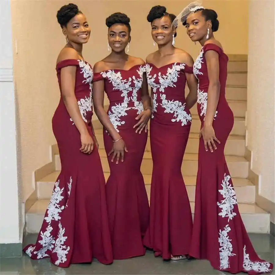 

Off the shoulder appliqued White Lace Elegant african maid of honor mermaid Burgundy Long Bridesmaid Dress MBA485