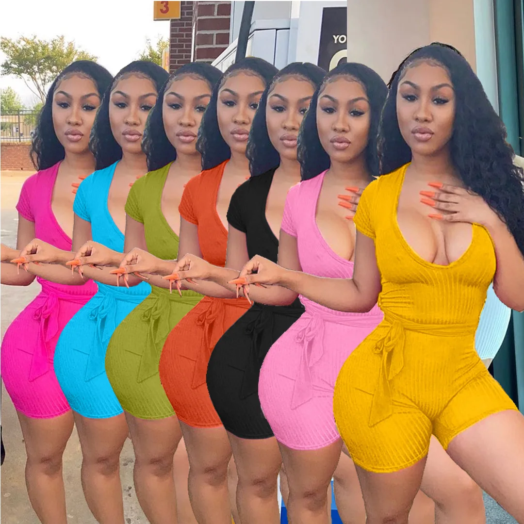 

2021 Summer Bodysuit With Straps Solid Color Women Bodycon Skinny Short Romper Bodycon Ribbed One Piece Jumpsuit Women