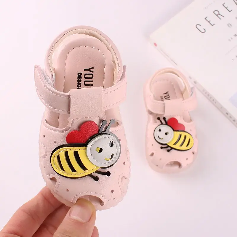 

Girls sandals new cartoon baby toddler shoes non-slip rubber soft sole shoes, Pink/beige
