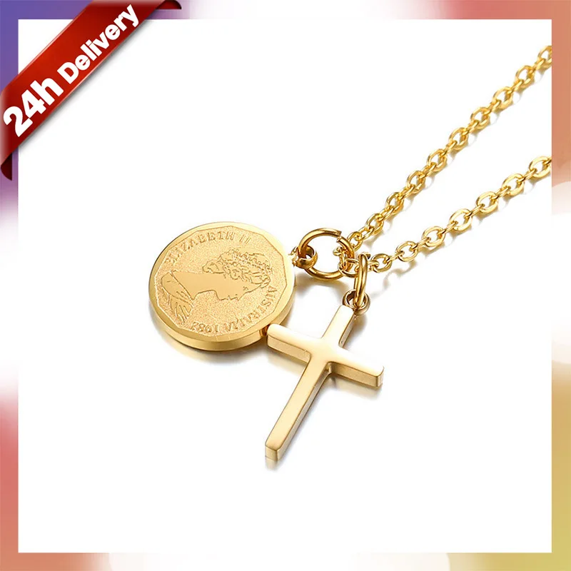 

Dylam Bling Cross Necklace Thin Dainty Gold High Quality Stainless Steele Coin Pendant Men Steel Punk Gold Plated Cross Necklace