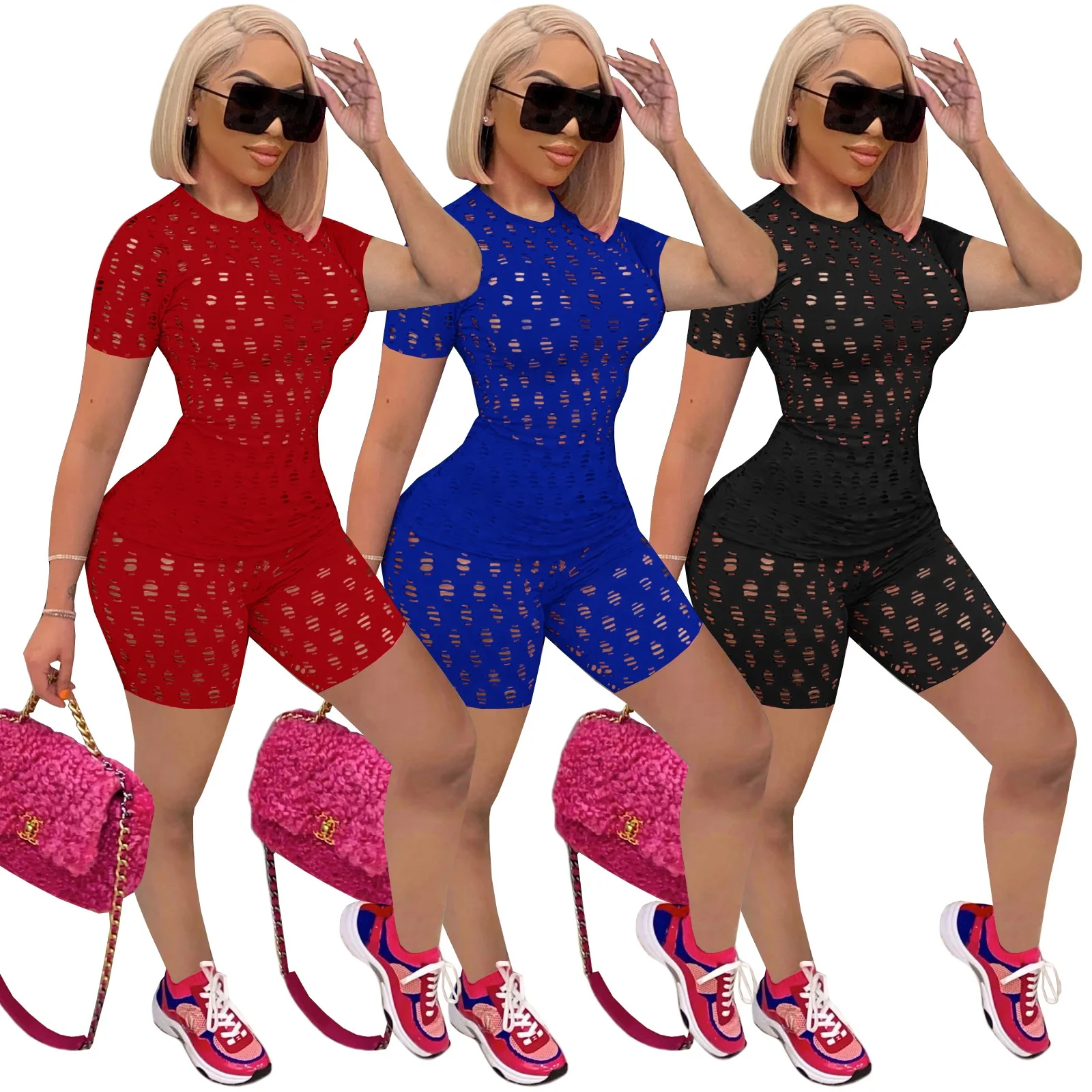 

LANOZY Summer New Arrival Women Jogger Sets Hollow Out Short Sleeve Women 2 Pieces Sets, Three colors