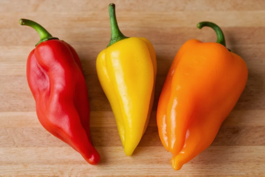 Close-up comparison of scotch bonnet peppers next to habanero and Trinidad Moruga Scorpion peppers on wooden cutting board