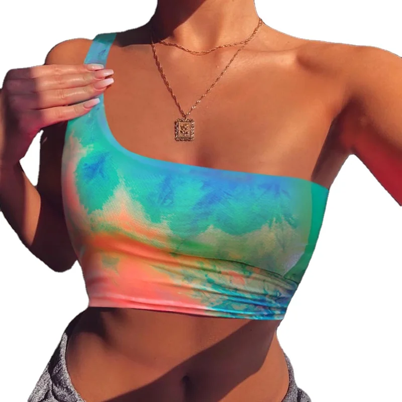 

2021 Woman Clothing Tank Top Women Fashion Girls Sexy Tie Dye Tops Blouses Red Stripe One Shoulder Ladies Crop Tops, Shown