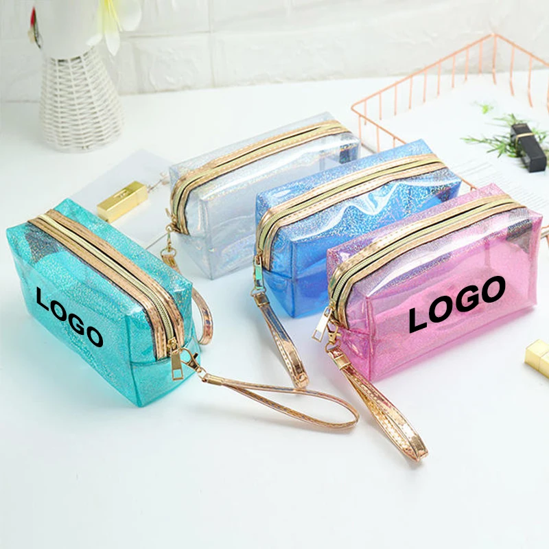Custom Logo Clear Cosmetic Bags Pvc Clear Transparent Zipper Organizer Makeup Toiletry Storage Monogram Glitter Cosmetic Bag
