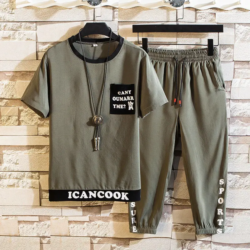 

Casual Hip Hop Printed Graphic T-Shirt Men Summer Two Piece Pants Set Sports Pocket Short Sleeve Set Top Shorts