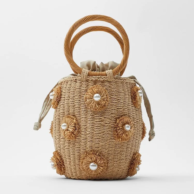 

2021 New arrival handbags pearls decorative handmade basket woven bags straw bags, Brown