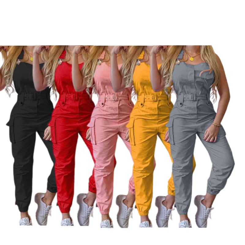 

Strap Jumpsuit Women Loose Dungarees Long Rompers Summer Solid Pockets Cargo Pants Female Casual Work Out Playsuits