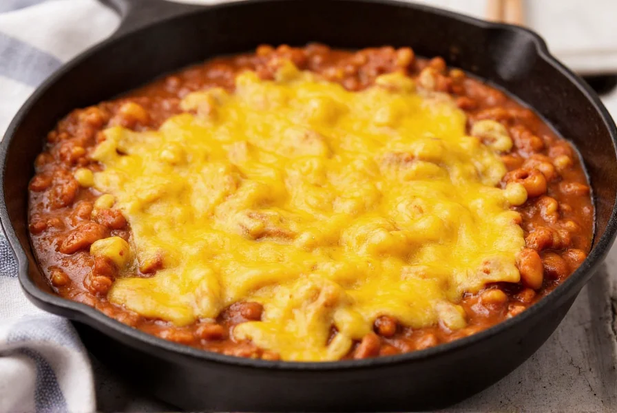 Classic chili mac recipe in cast iron skillet with melted cheddar cheese topping
