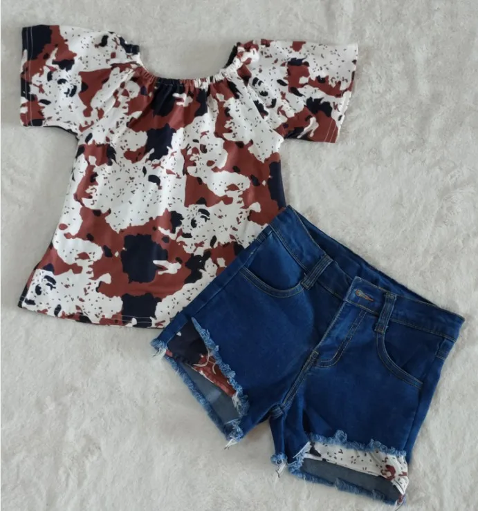 

wholesale cow print fashionable jeans baby girls clothing children boutique kids outfits sets cute summer denim shorts clothes, Same as picture